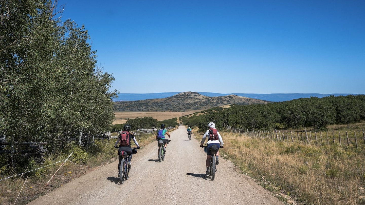 Grupo de ciclistas rodando por un camino de gravel